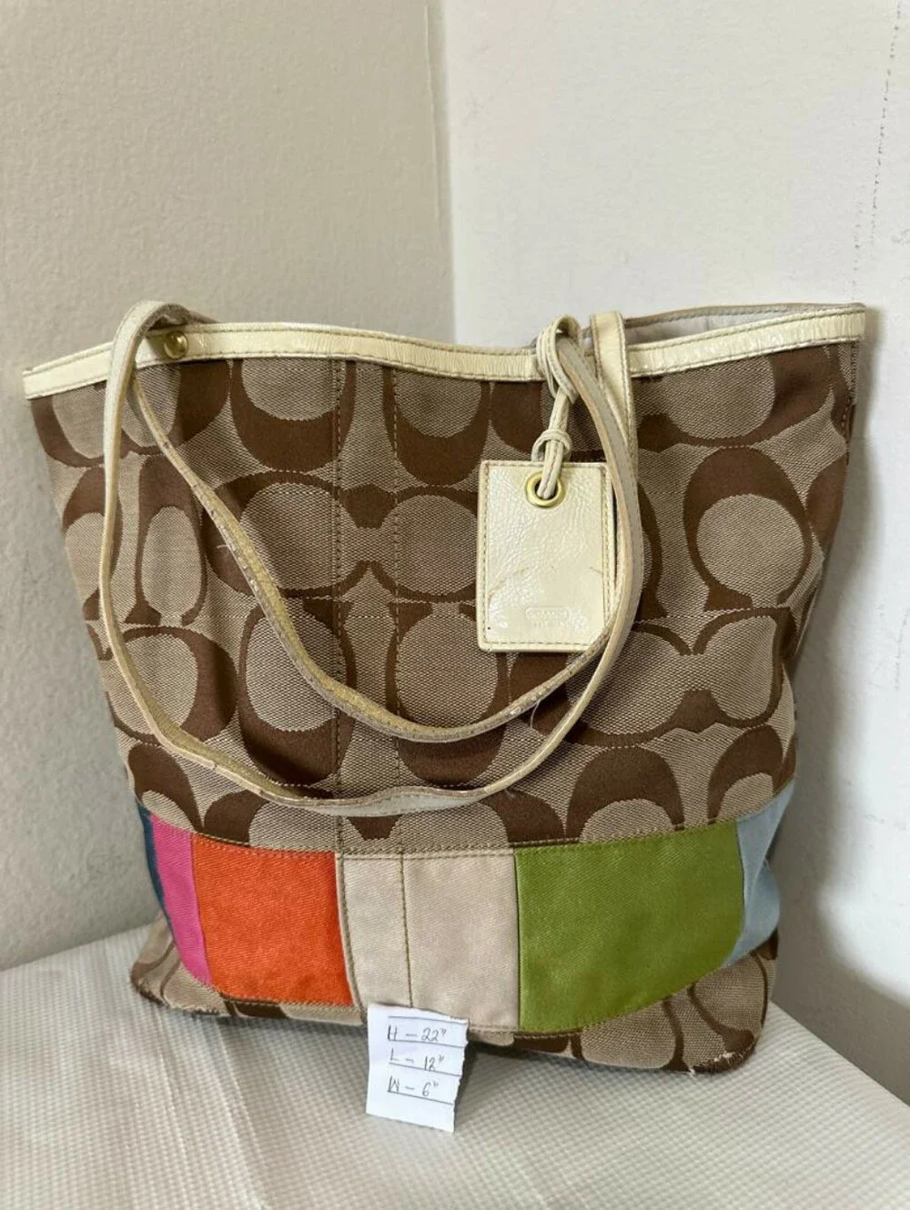 Coach Signature Multicolor Stripes Canvas Leather Trim Small Tote Bag